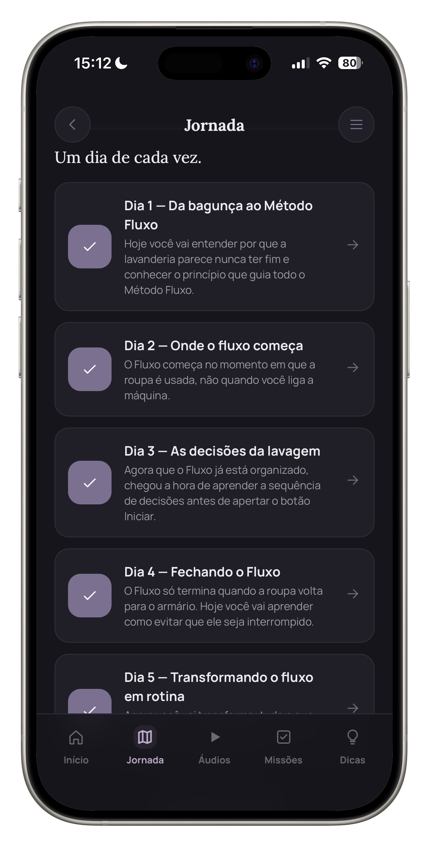 Tela do app Lavanderia Sob Controle — modo escuro